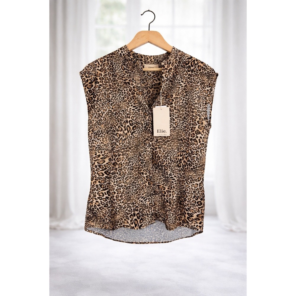 New Elie Tahari Blouse XS Cap Sleeves Button Up Office Top Jungle Animal Print